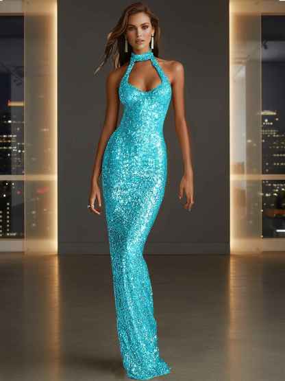 Glamorous Gold Sequin Halter Neck Mermaid Long Prom Dress