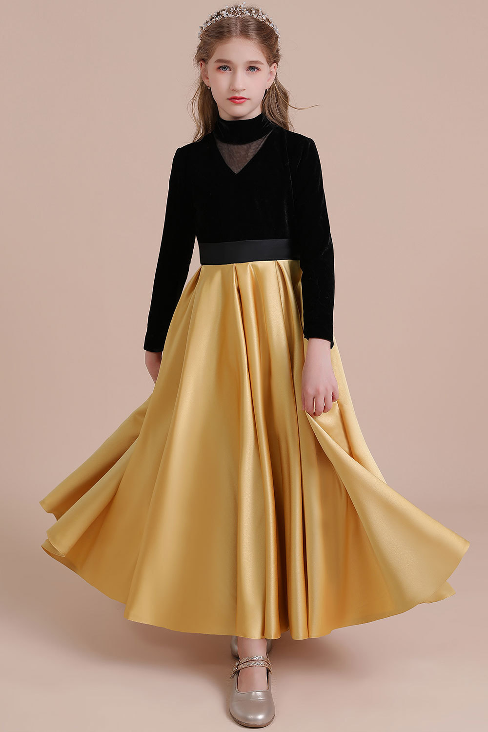 BMbridal A-Line High-neck Velvet Satin Flower Girl Dress Online-BMbridal