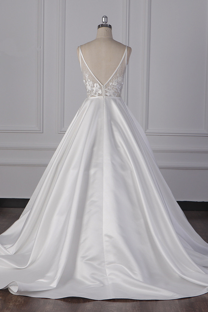 BMbridal Elegant Satin V-Neck Wedding Dress Lace Appliques Sleeveless Bridal Gowns On Sale-BMbridal