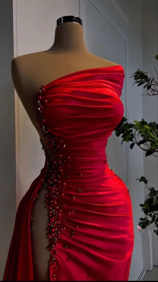 Red Pearl Strapless Prom Dress Long Slit Sleeveless With Beading