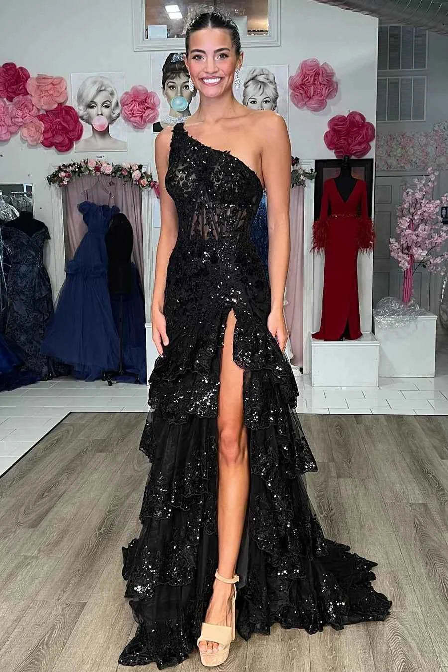 Sparkly A Line One Shoulder Navy Lace Corset Prom Dress with Ruffles