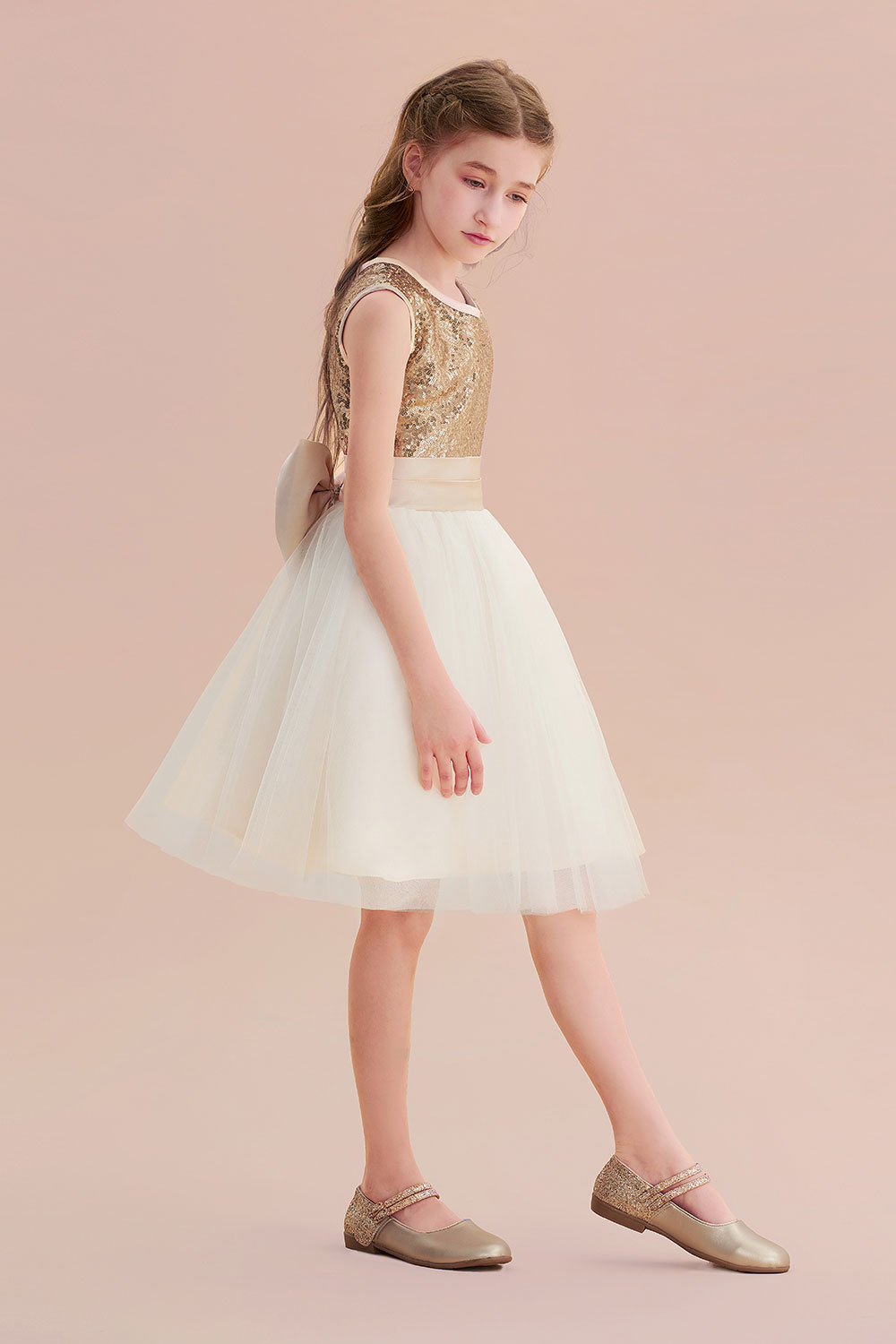 BMbridal A-Line Sequins Tulle Bow Flower Girl Dress On Sale-BMbridal