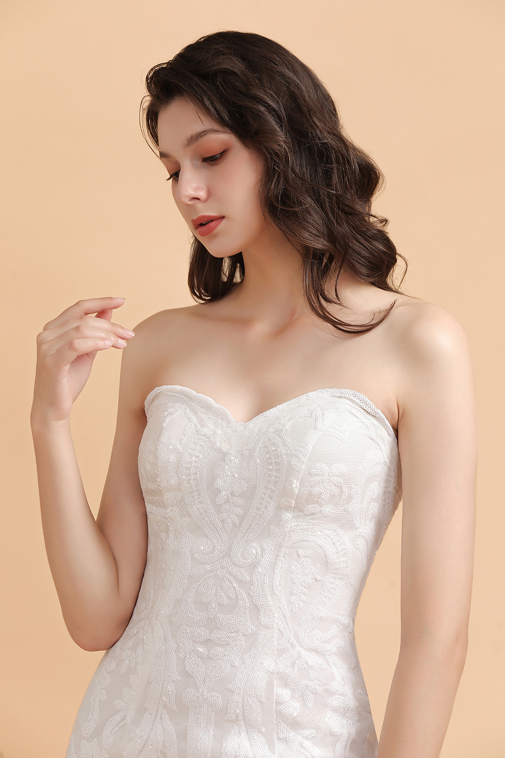 BMbridal Chic Strapless Sweetheart Ivory Mermaid Prom Dresses Sleeveless Appliques Sequined Evening Dresses On Sale-BMbridal