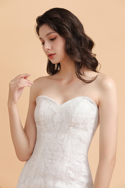 BMbridal Chic Strapless Sweetheart Ivory Mermaid Prom Dresses Sleeveless Appliques Sequined Evening Dresses On Sale-BMbridal