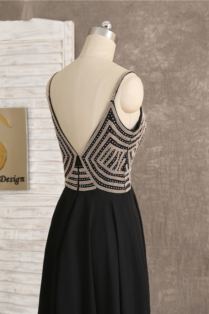 BMbridal Sexy Spaghetti Straps V-Neck Black Prom Dresses Sleeveless with Ruffles Beadings On Sale