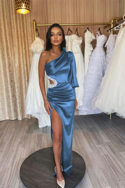 Black One Shoulder Pleated Prom Dress One Long Sleeve With Beading