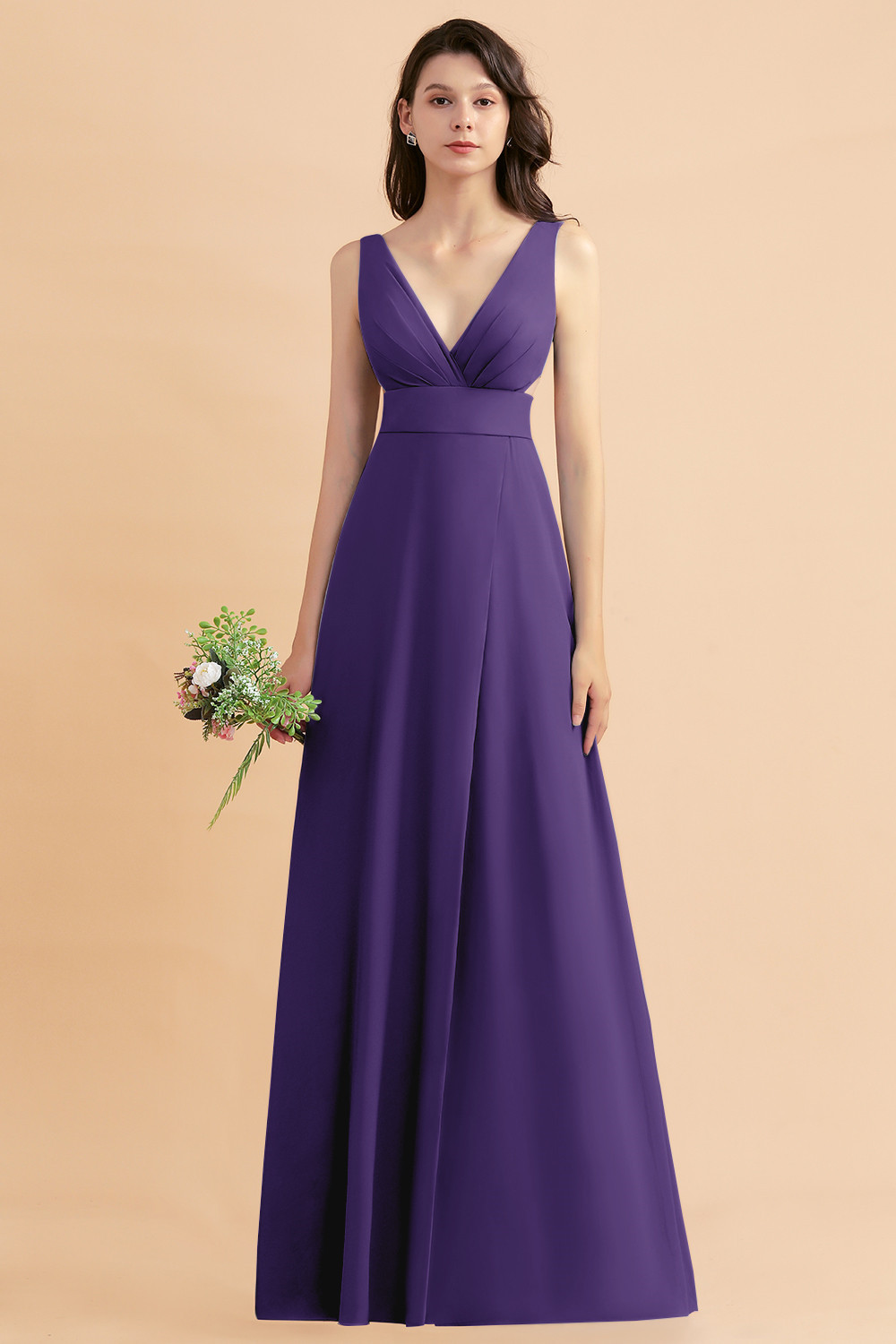 BMbridal A-Line Dusty Blue Chiffon Ruffles Bridesmaid Dress with Slit-BMbridal
