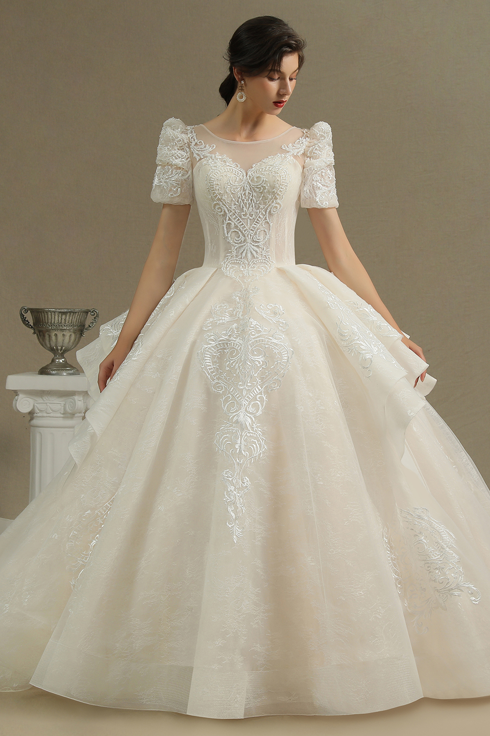 BMbridal Glamorous Short Sleeve Lace Ball Gown Wedding Dress-BMbridal