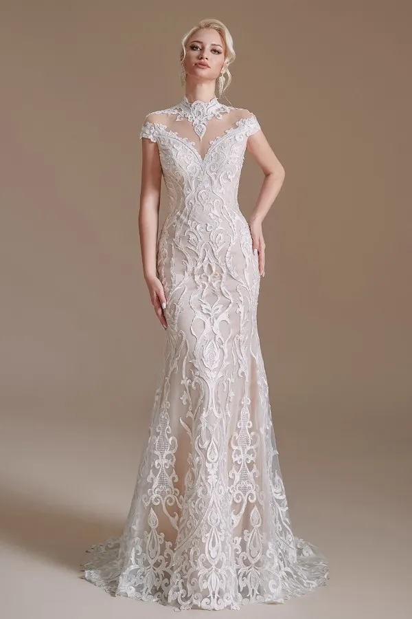 Sexy Long Lace Mermaid High-Neck Wedding Dress with Sleeves