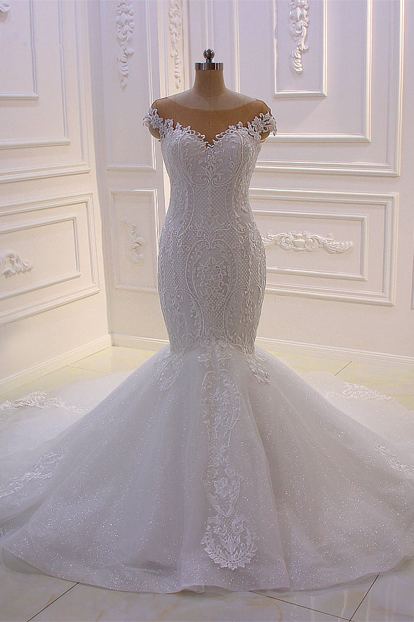 BMbridal Elegant Jewel Tulle Lace Sequined Wedding Dress Mermaid Appliques Sleeveless Bridal Gowns On Sale-BMbridal