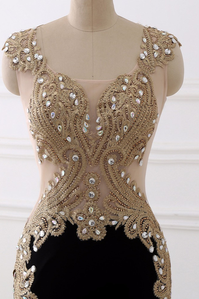 BMbridal Affordabe V-Neck Sleeveless Mermaid Prom Dresses Gold Appliques with Crystals