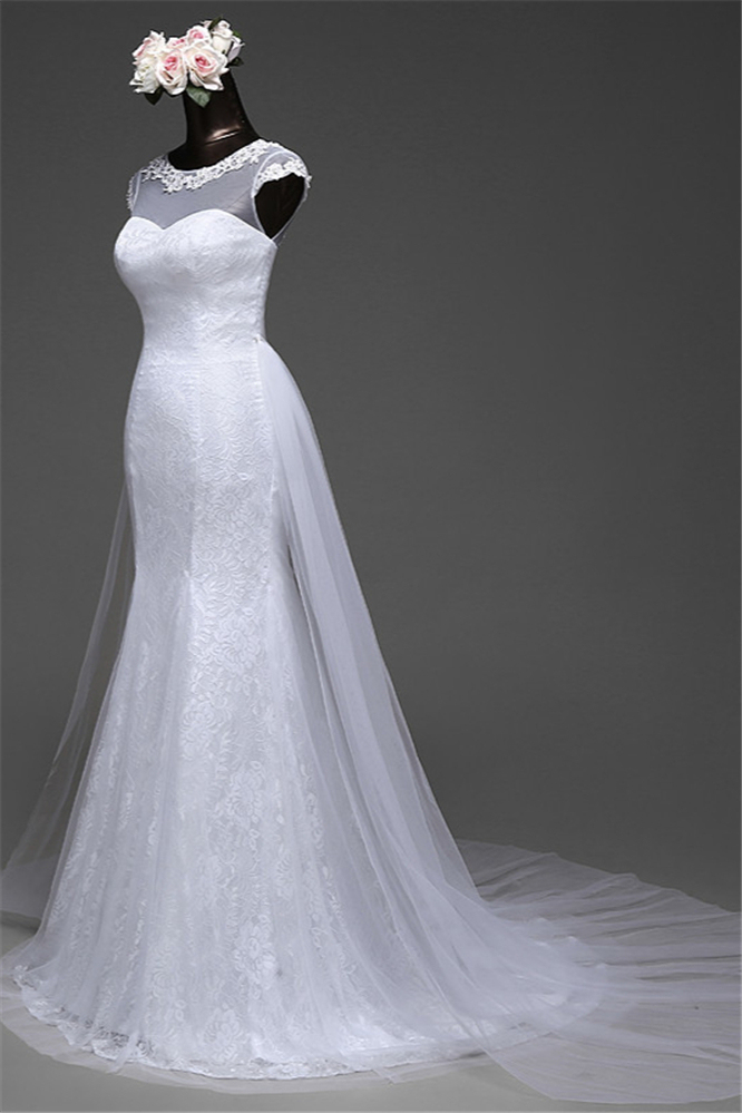 BMbridal Glamorous Lace Jewel White Mermaid Wedding Dresses with Beadings Online