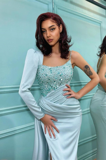 Bmbridal Mint Green One Shoulder Split Front Prom Dress With Beadings