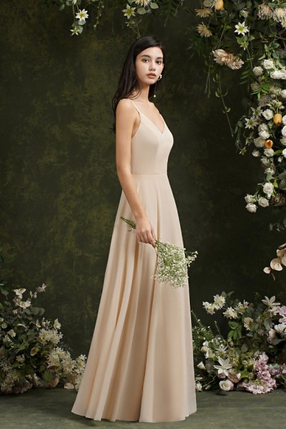 BMbridal Spaghetti-Straps V-Neck Champagne Bridesmaid Dress Long Sleeveless