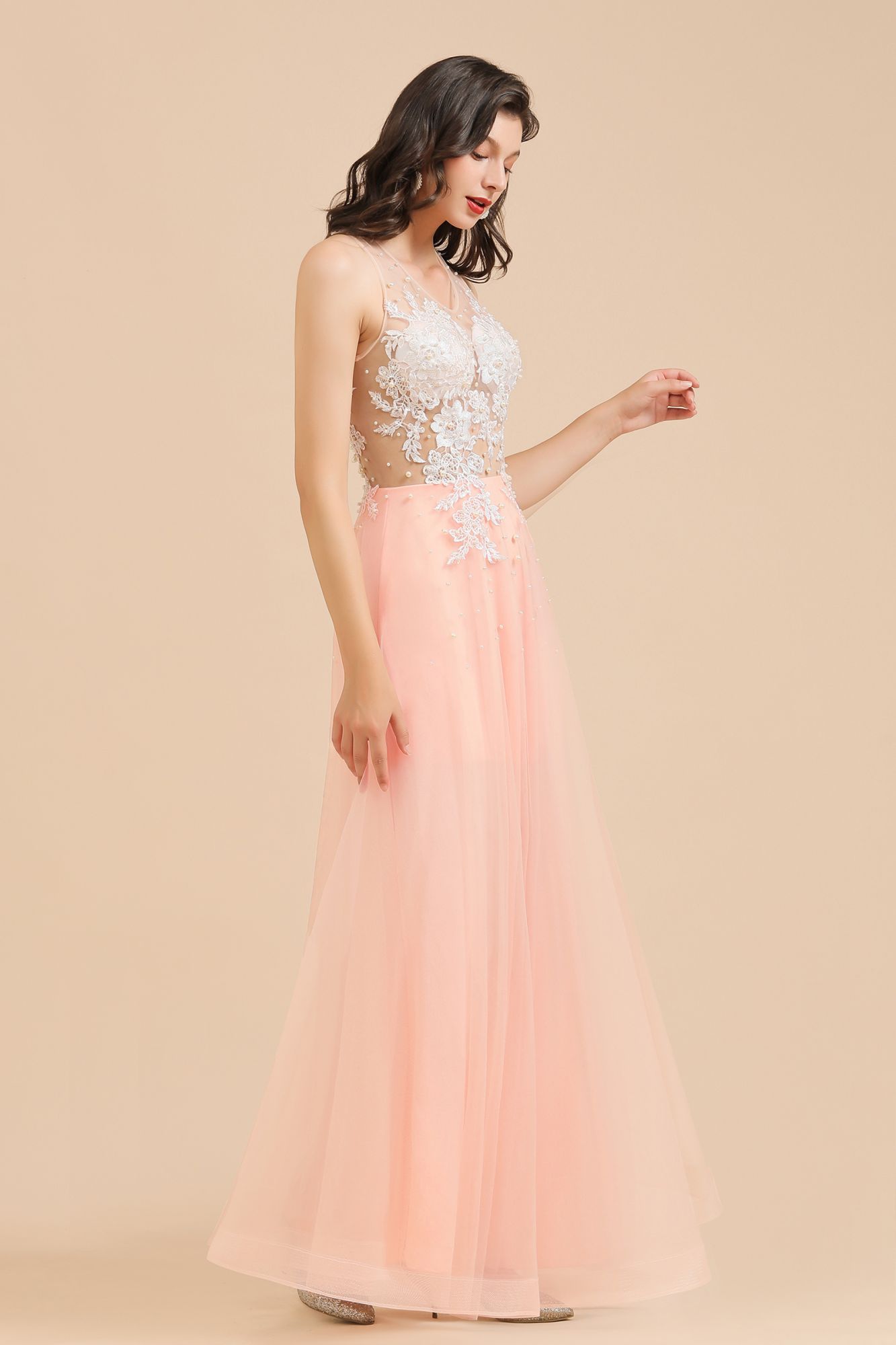 BMbridal Round Neck Lace Appliques Long Evening Prom Dress
