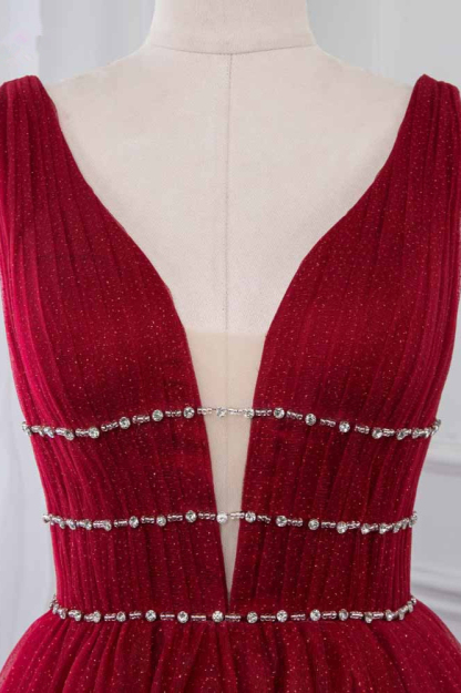 BMbridal Sexy Deep-V-Neck Sleeveless Burgundy Prom Dresses with Beadings