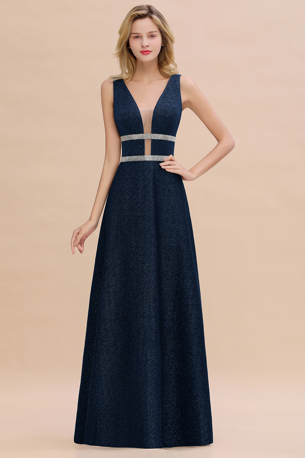 BMbridal Shinning V-Neck Sleeveless Long Prom Dress Online With Zipper Back