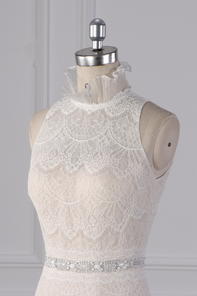 BMbridal Chic High-Neck Tulle Lace Wedding Dress Appliques Sleeveless Bridal Gowns with Beading Sashes Online-BMbridal