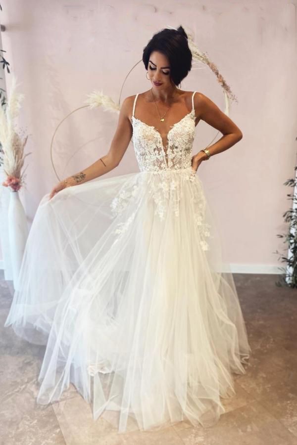 Modern Spaghetti Straps Backless Deep V Neck Long A Line Wedding Dress with Lace Tulle