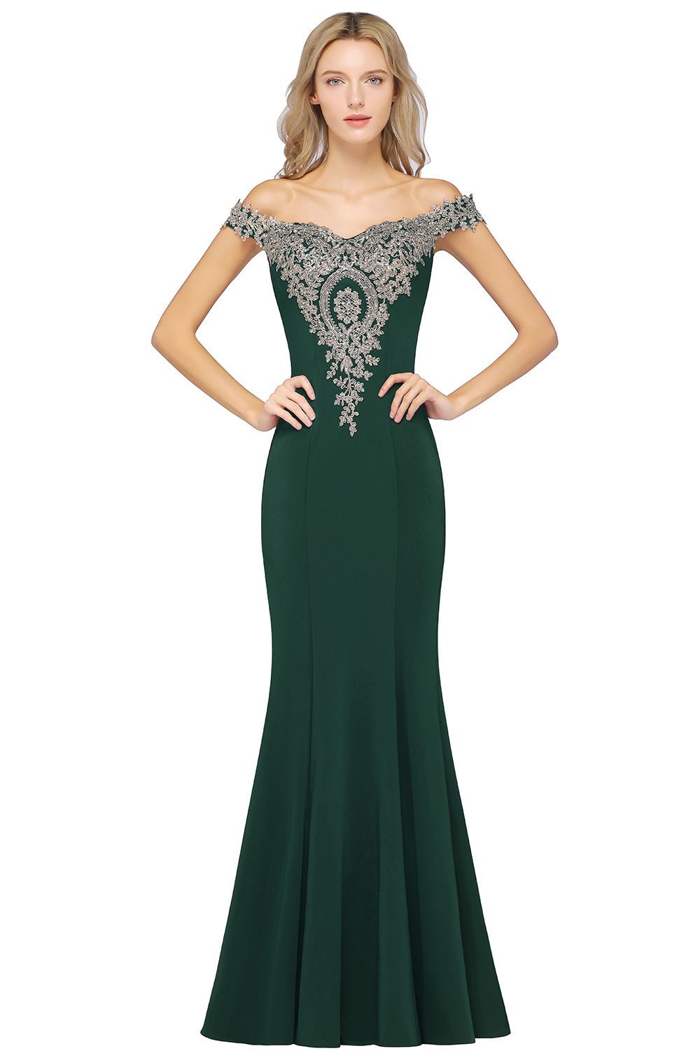 BMbridal Elegant Off-the-Shoulder Mermaid Prom Dress Long With Lace Appliques