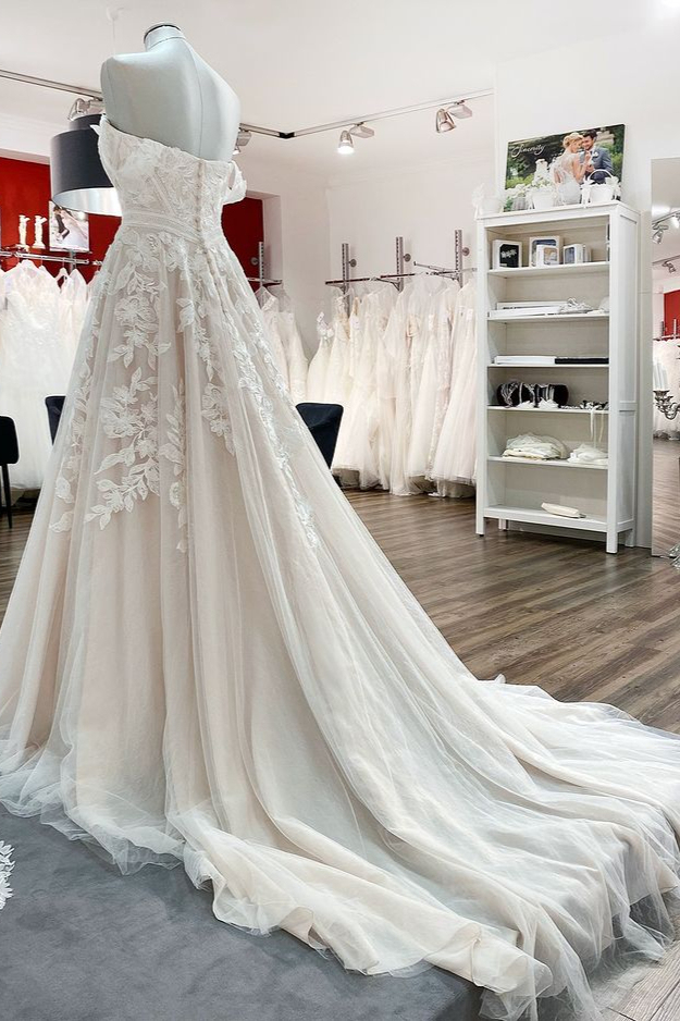BMbridal Tulle Off The Shoulder Sweetheart Lace Appliques Wedding Dresses-BMbridal