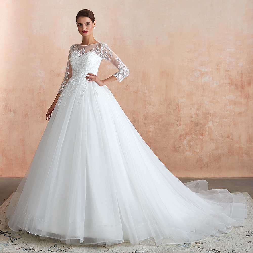 BMbridal Affordable Lace Jewel White Tulle Wedding Dresses with 3/4 Sleeves