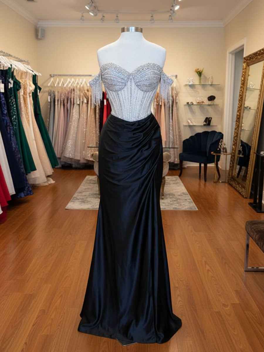 Sheath Off-the-Shoulder Rhinestone Satin Corset Long Prom Dress