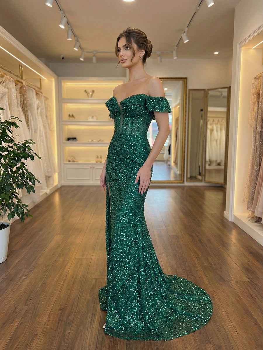 Emerald Off The Shoulder Sequin Mermaid Long Prom Dress with Slit