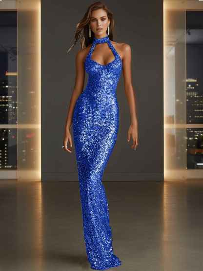 Glamorous Gold Sequin Halter Neck Mermaid Long Prom Dress