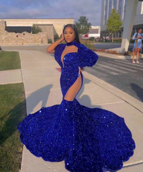 Bmbridal Royal Blue Sequins Prom Dress Mermaid Long Sleeves