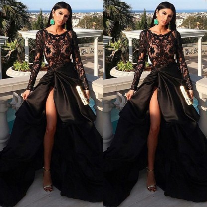Bmbridal Long Sleeves Black Prom Dress Lace Long With Slit