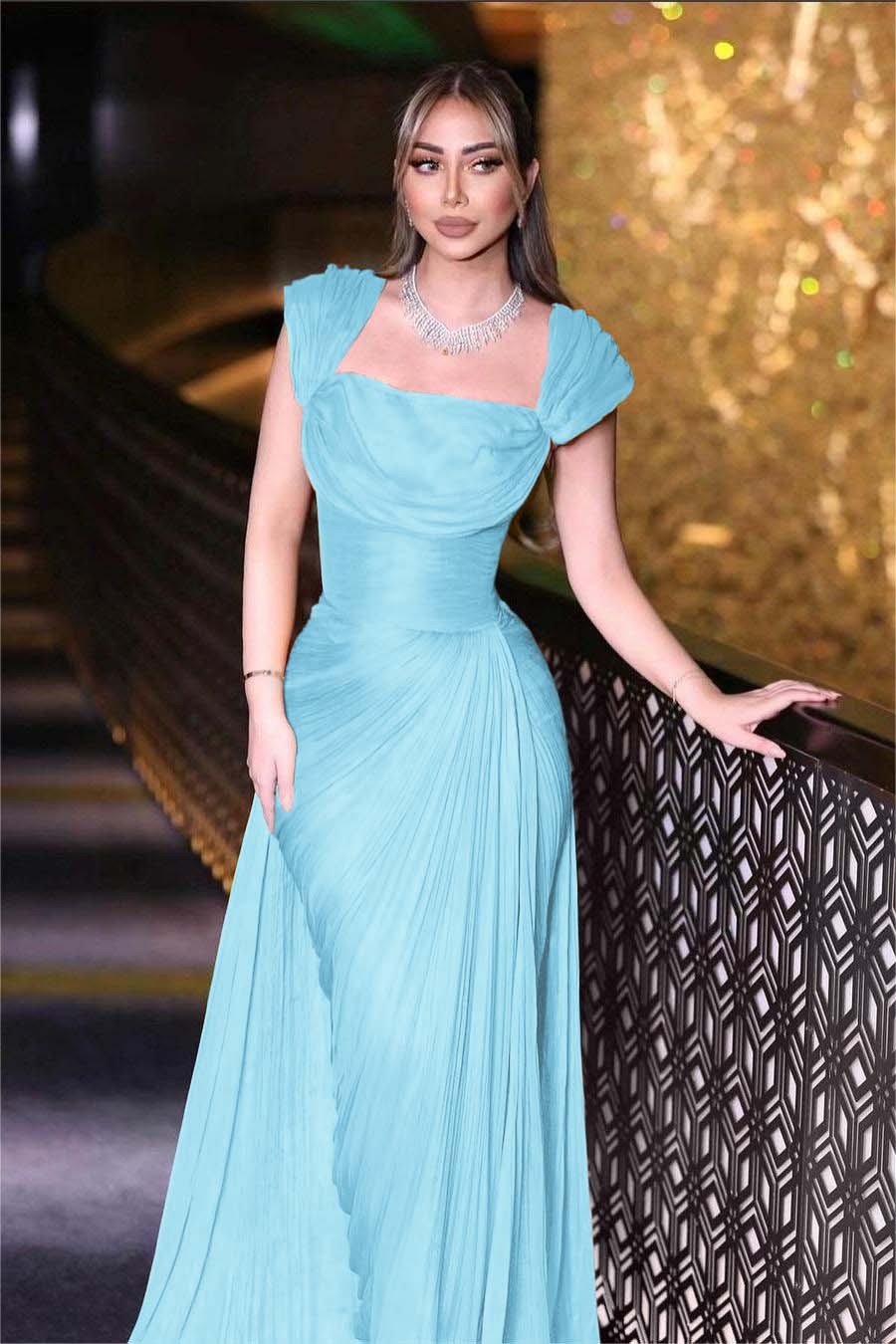 Daffodils Square Neck Sleeveless High Waist Long Pleated Prom Dress With Split