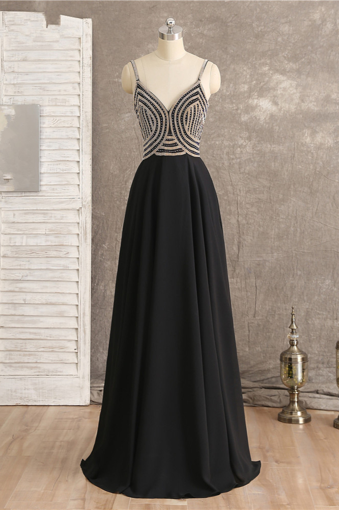 BMbridal Sexy Spaghetti Straps V-Neck Black Prom Dresses Sleeveless with Ruffles Beadings On Sale