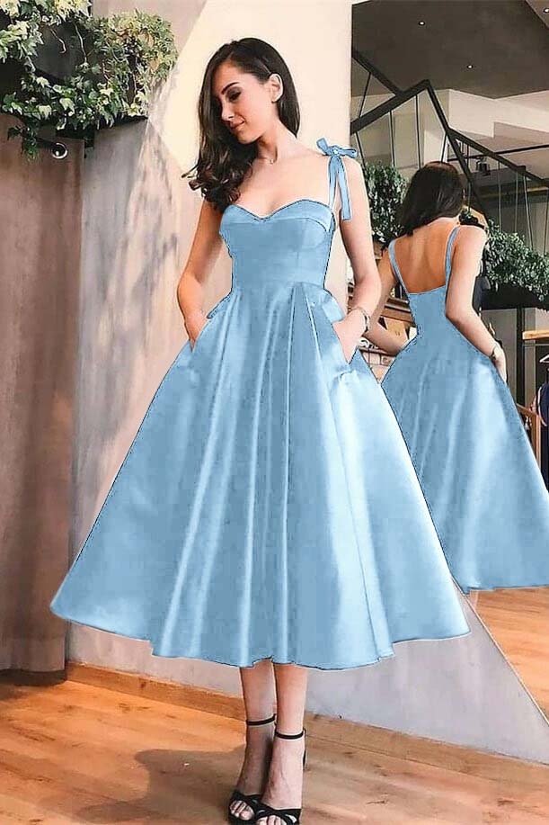 Sweetheart Black A Line Spaghetti Strap Tea Length Evening Dress With Pockets