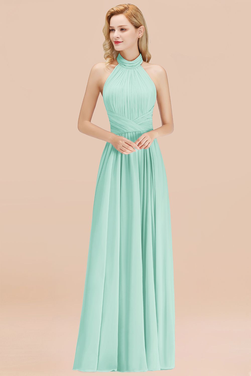 BMbridal Gorgeous High-Neck Halter Backless Bridesmaid Dress Dusty Rose Chiffon Maid of Honor Dress-BMbridal