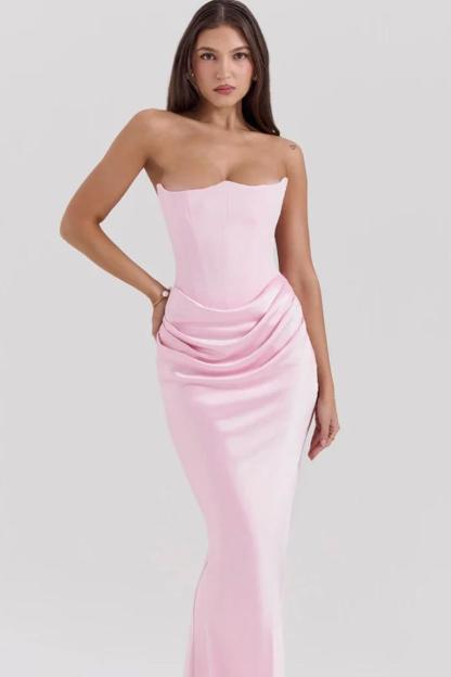 Pink Strapless Sleeveless  Mermaid Long Prom Dress With Pleated