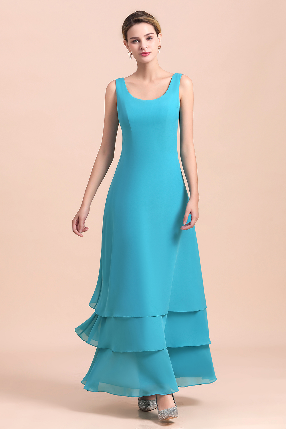 BMbridal Gorgeous Square Neck Flowers Layers Mother of Bride Dress with Long Wraps-BMbridal