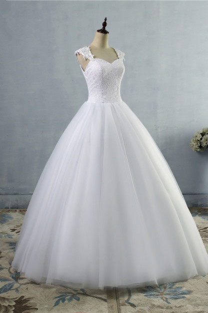 BMbridal Affordable Sweetheart Tulle Lace Wedding Dresses Cap-Sleeves Appliques Bridal Gowns Online