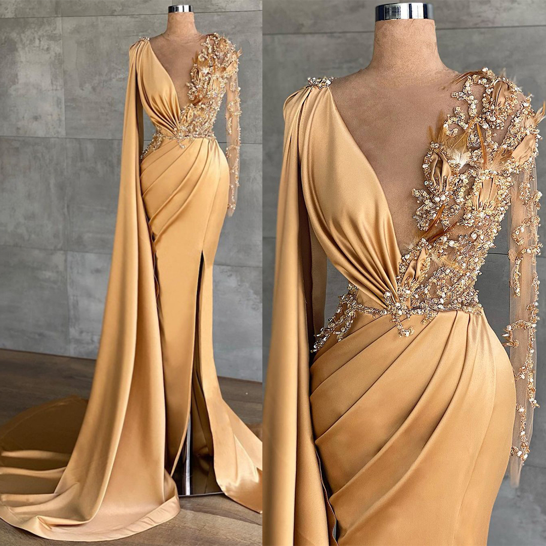 BMbridal Long Sleeves Mermaid Prom Dress Ruffles With Appliques