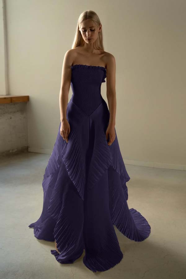 Chic Strapless Sleeveless Long Prom Dress With Ruffles Pleated