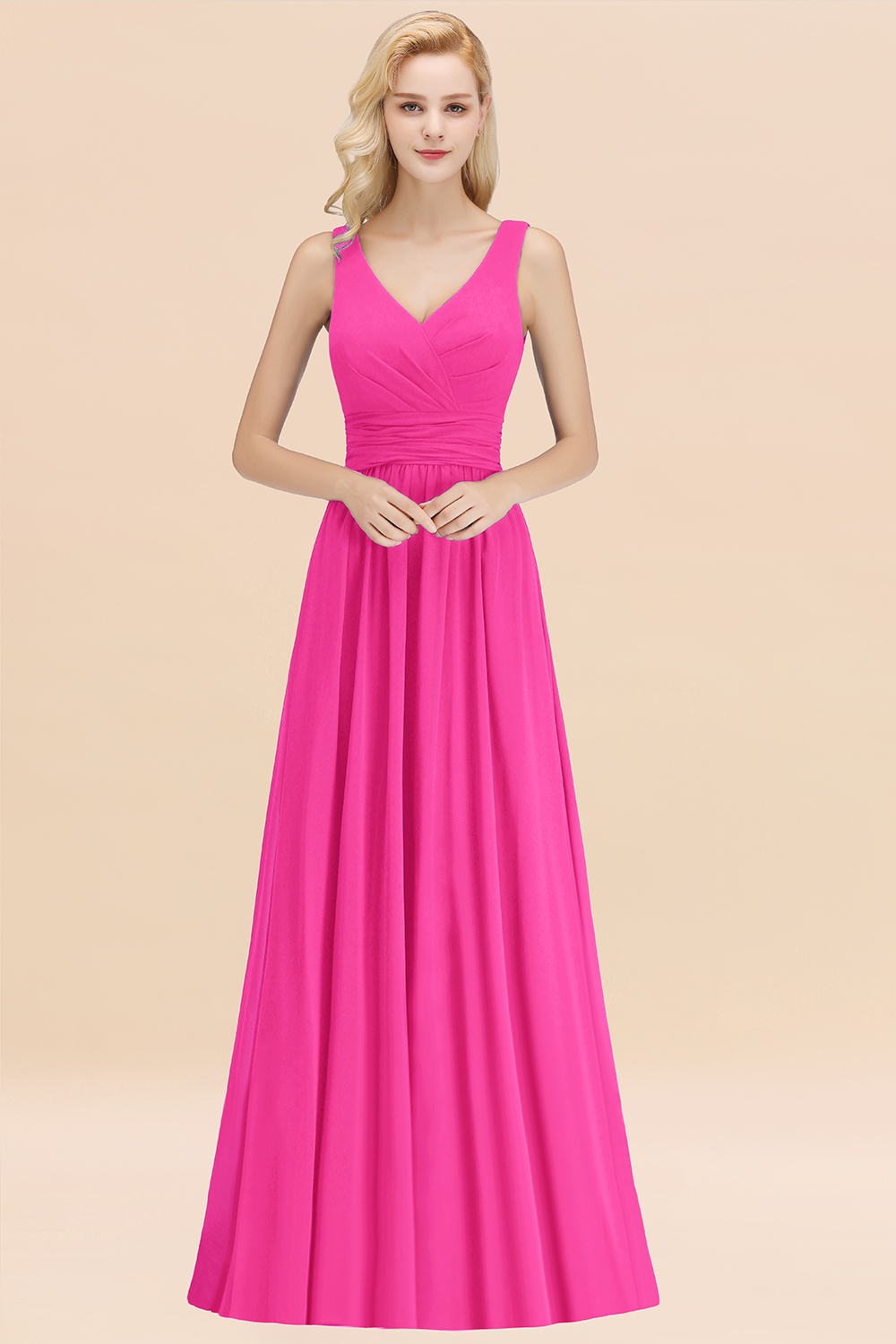 BMbridal Modest Sleeveless V-Neck Long Chiffon Bridesmaid Dress Online with Ruffle-BMbridal