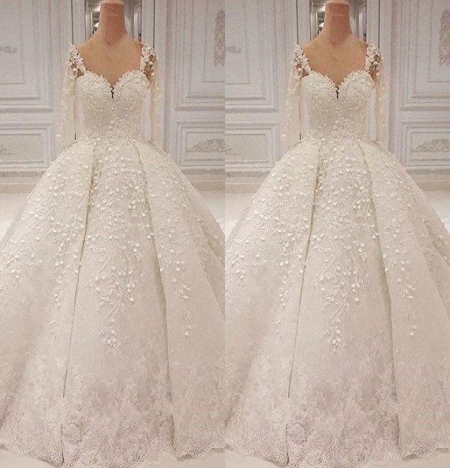 BMbridal Unique Halfsleeves Straps White Wedding Dresses With Appliques A-line Lace Bridal Gowns On Sale-BMbridal