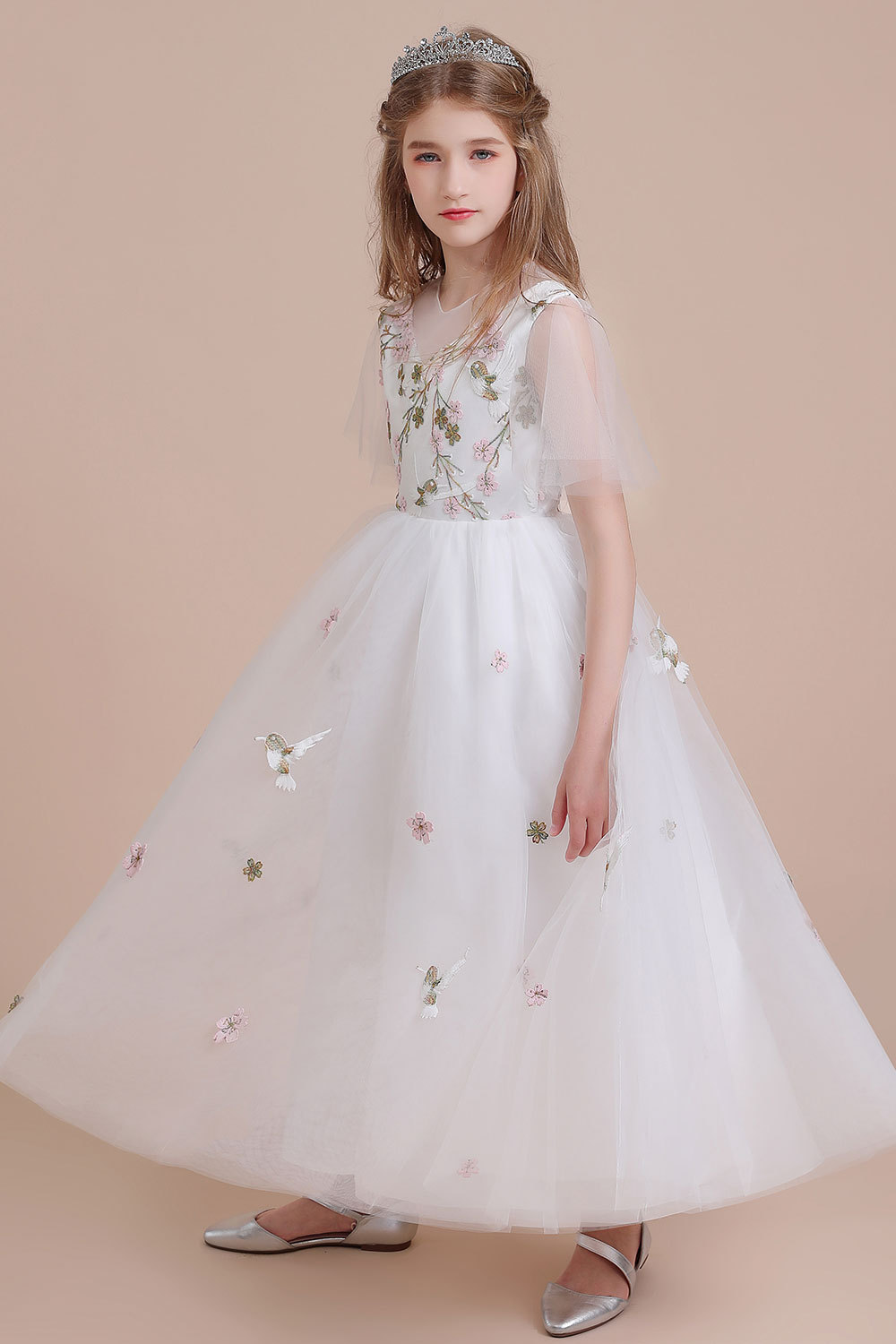 BMbridal A-Line Short Sleeve Embroidered Tulle Flower Girl Dress On Sale-BMbridal