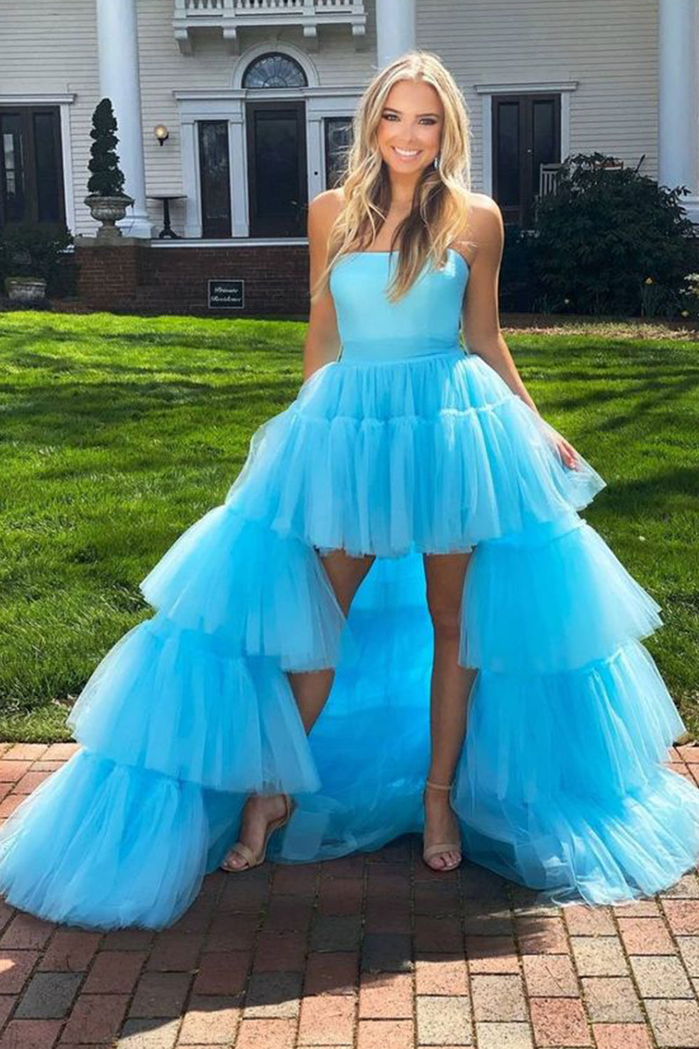 Blue A-Line High Low Strapless Homecoming Dress with Ruffles-BMbridal