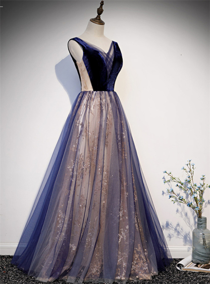 BMbridal Affordable Tulle V-Neck Sleeveless Beading Prom Dresses with Appliques Online
