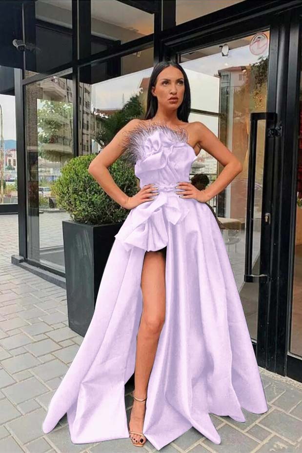 Strapless Sleeveless Long Black A Line Prom Dress High Split With Feather