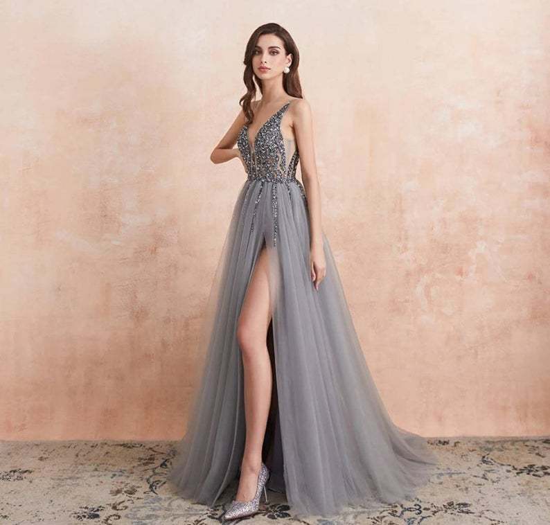BMbridal Charming V-Neck Tulle Prom Dress Long Evening Party Gowns With Lace Appliques