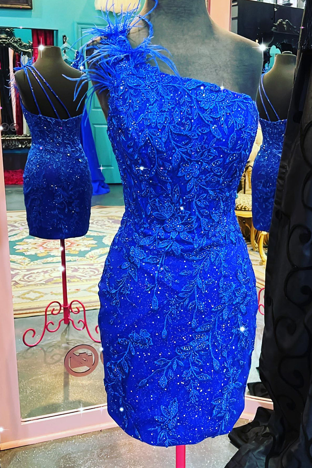 Glitter Royal Blue Lace One Shoulder Tight Short Homecoming Dress with Feathers-BMbridal
