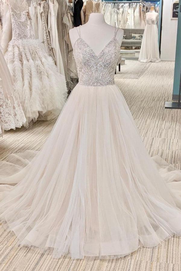 Modern Pearl Long A-Line Backless Wedding Dress with V-Neck