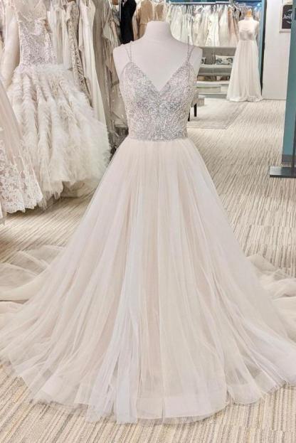 Modern Pearl Long A-Line Backless Wedding Dress with V-Neck
